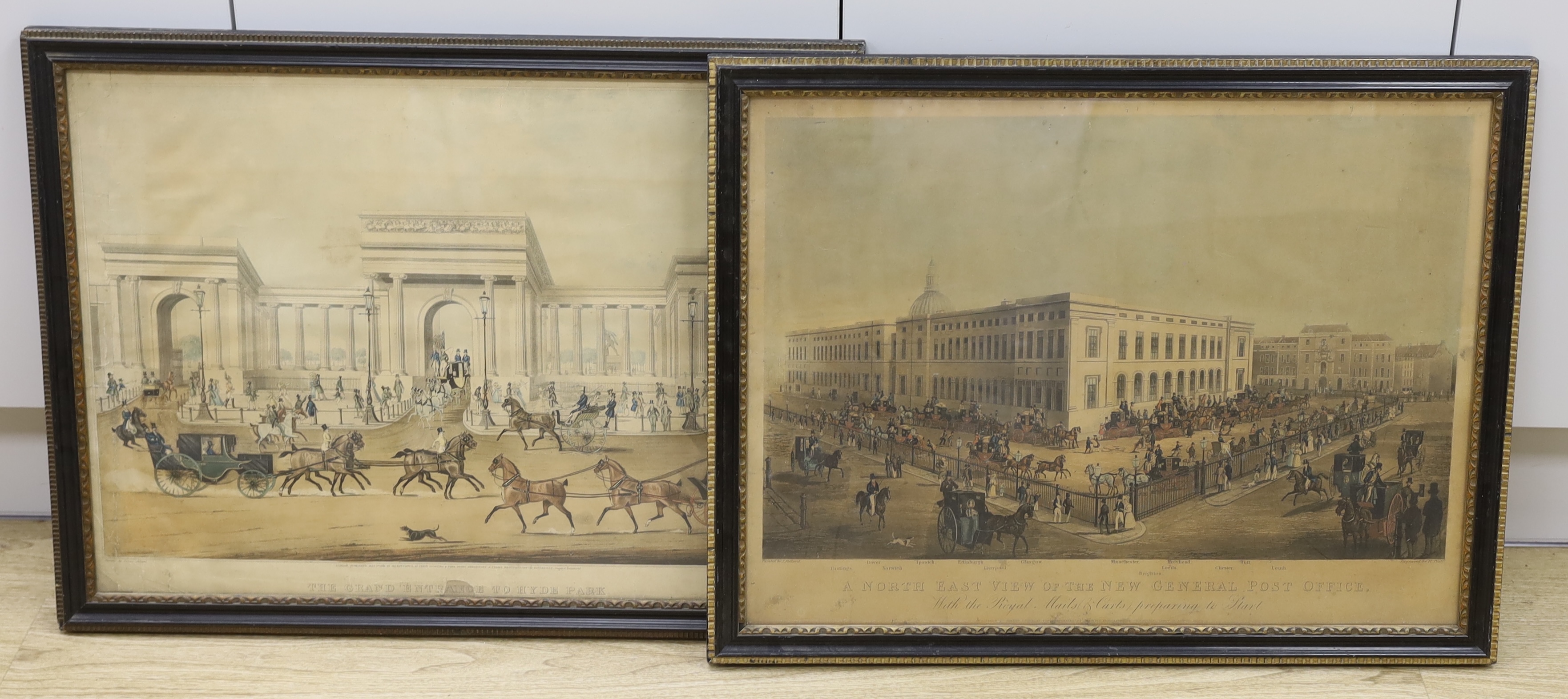 Rosenberg after James Pollard, two coloured aquatints, 'North East View of the New General Post Office' and 'The Grand Entrance to Hyde Park', largest overall 46 x 62cm